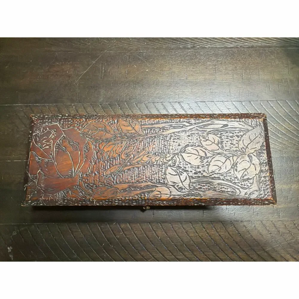 Antique 1906 Pyrography Wood Glove Box Arts Crafts Floral Pokerwork Dated 1907